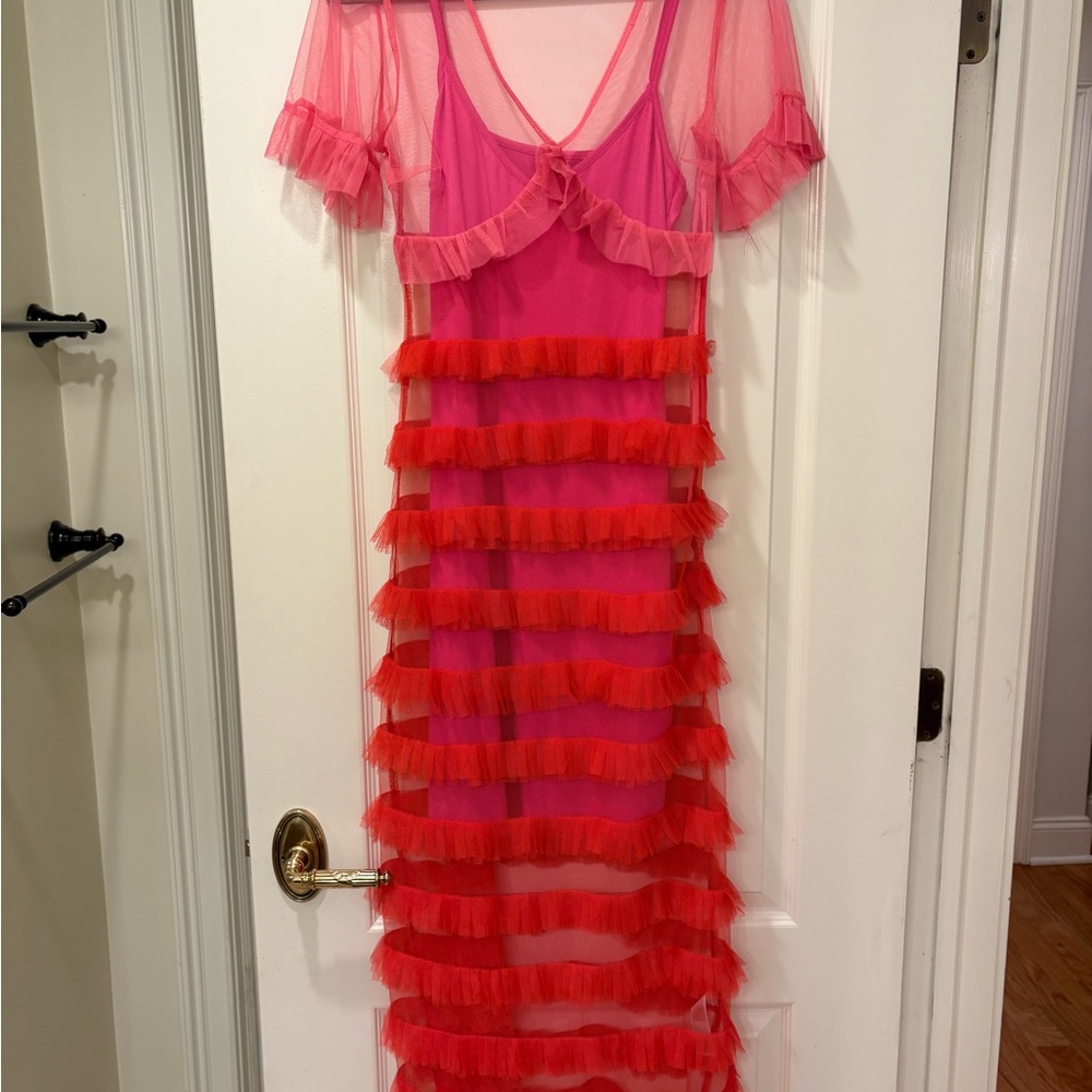 Elegant Pink and Red Ruffle Dress